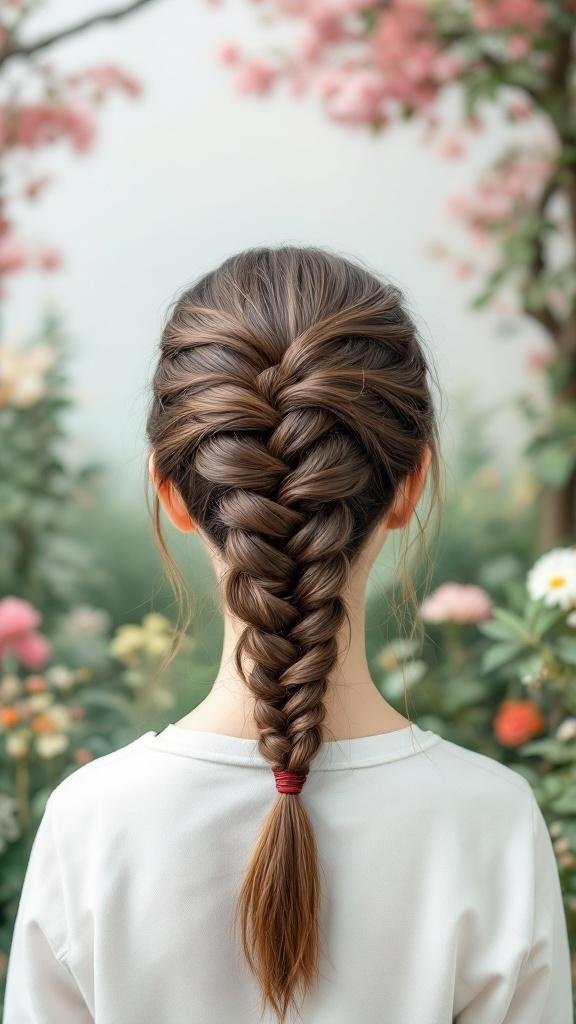 A fishtail ponytail hairstyle, showcasing a braided design with a smooth finish.