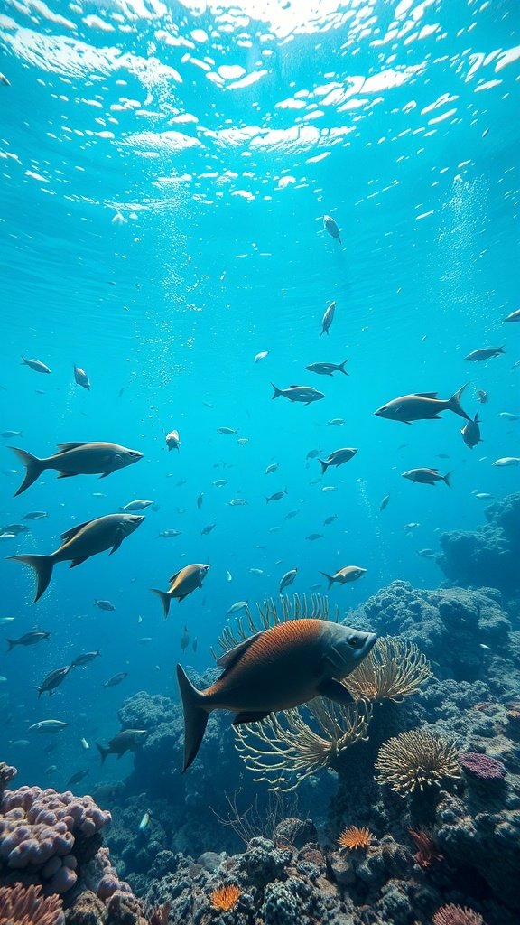 Underwater scene with various fish swimming around coral reefs