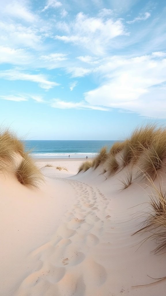 A sandy pathway through grass-covered sand dunes leading to a beach with a clear blue sky.