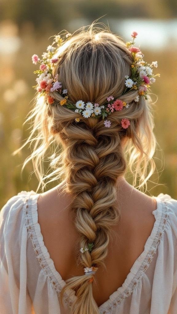 A woman with a braided crown hairstyle adorned with colorful flowers.