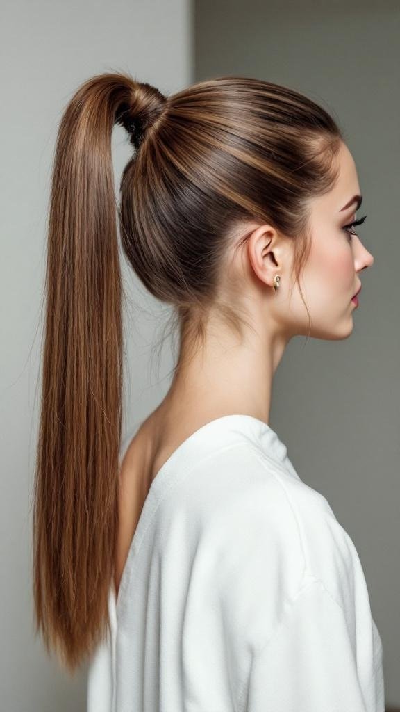 A woman with long, straight hair styled in a high ponytail with a smooth finish.