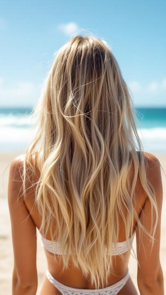 A woman with long, beachy straight waves standing by the ocean.