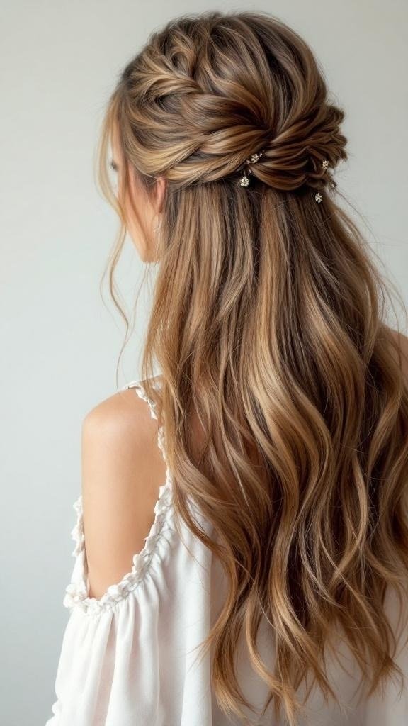 A woman with long, wavy hair styled in a half-up half-down look, featuring decorative pins.
