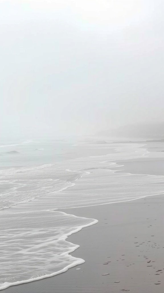 A misty morning view of the coast with soft waves and fog.