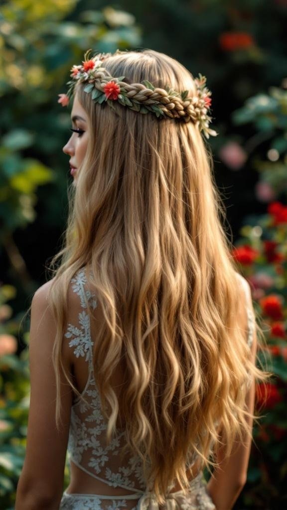 A woman with long straight hair adorned with a braided crown and floral accents.