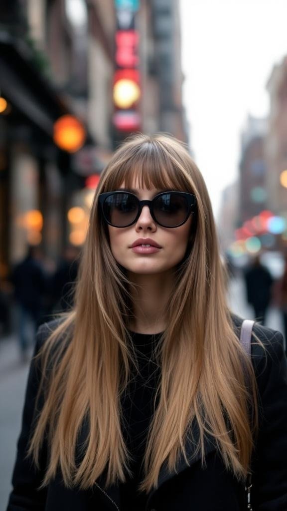 A woman with straight long hair and face-framing layers, wearing sunglasses in an urban setting.