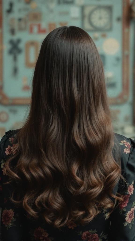 A woman with long, wavy hair wearing a floral dress, showcasing a vintage hairstyle.