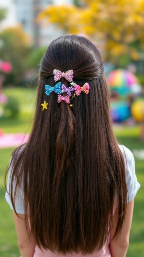 A person with long straight hair decorated with colorful glittery hair clips in a park setting.