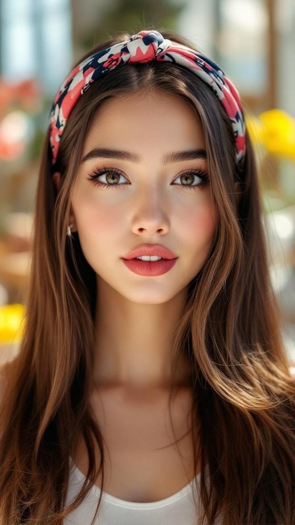 A young woman with long straight hair wearing a floral headband.