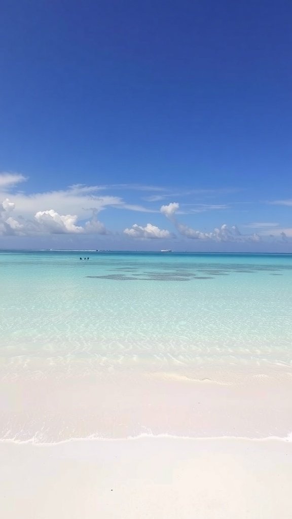 A serene tropical beach with clear waters and a blue sky.