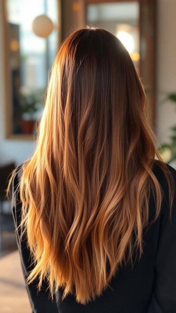 Long straight hair with ombre highlights transitioning from dark to light.