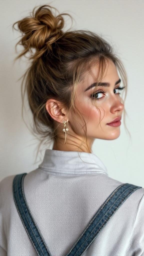 A woman with straight hair styled in a messy bun, wearing a white shirt and denim overalls.