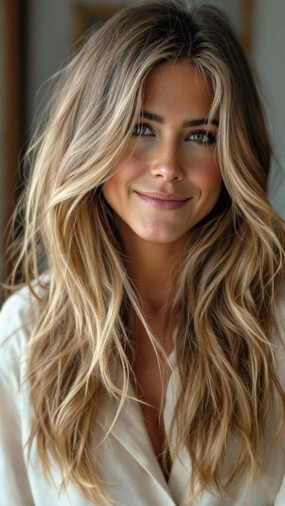 A woman with long, layered hair styled in soft waves and natural highlights.