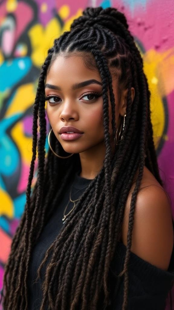 A close-up of a person with textured braids, wearing a black top and hoop earrings, against a colorful background.