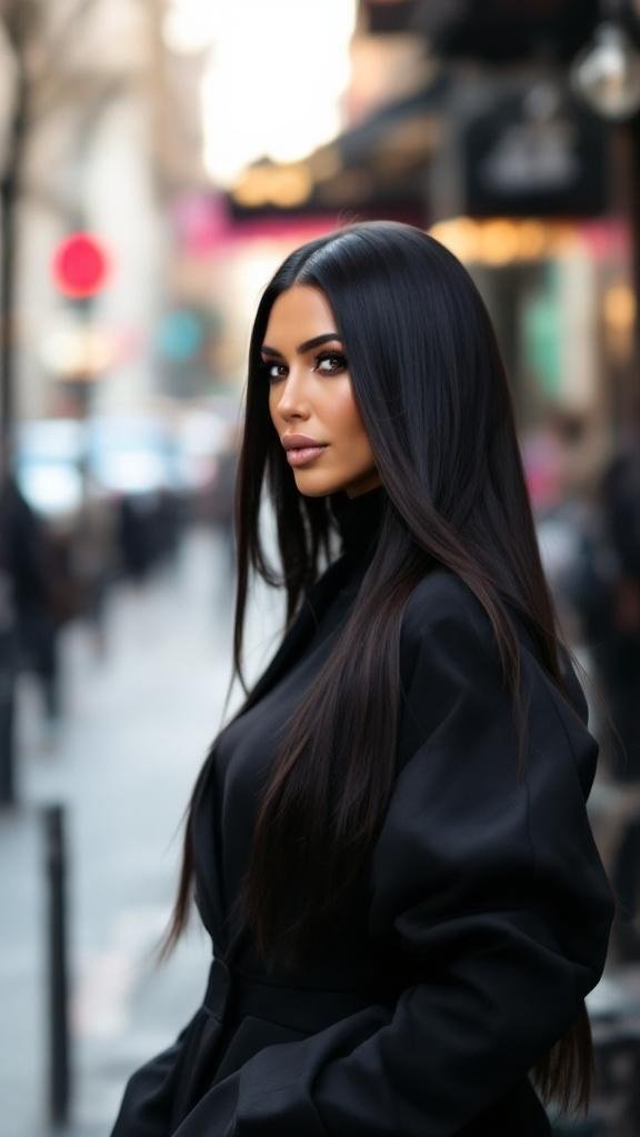 Kim Kardashian with long straight shiny hair in a stylish outfit