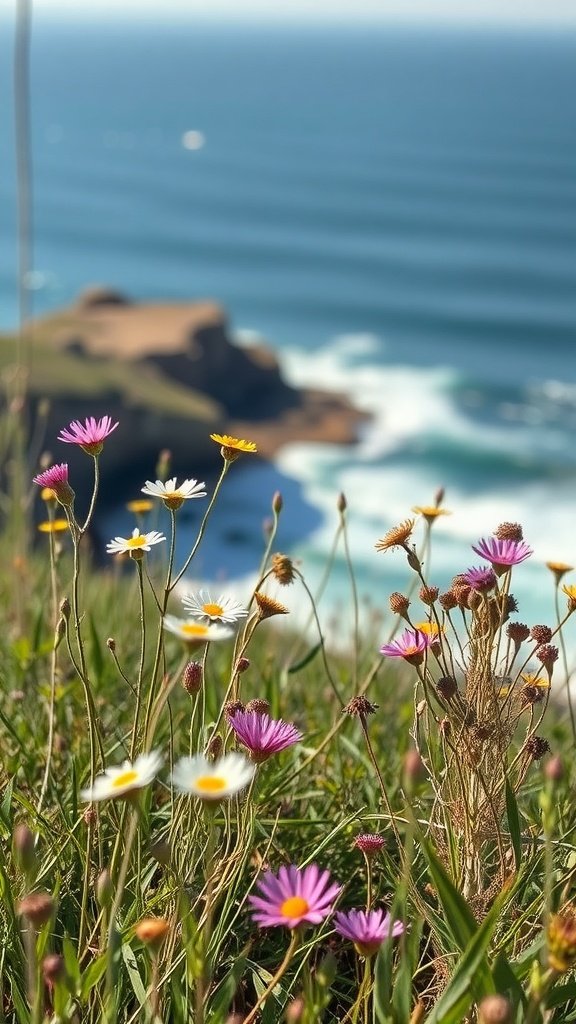 Colorful wildflowers in the foreground with a view of the ocean waves in the background.