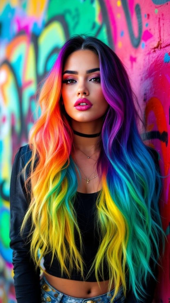 A woman with vibrant ombre hair featuring shades of orange, pink, purple, and blue, standing against a colorful graffiti background.