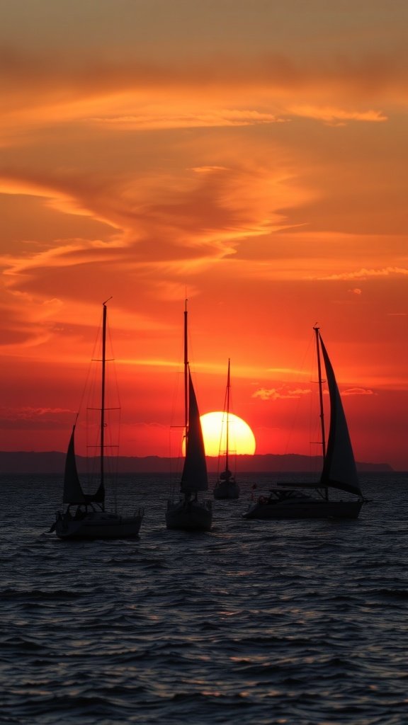Silhouette of sailboats against a vibrant sunset sky