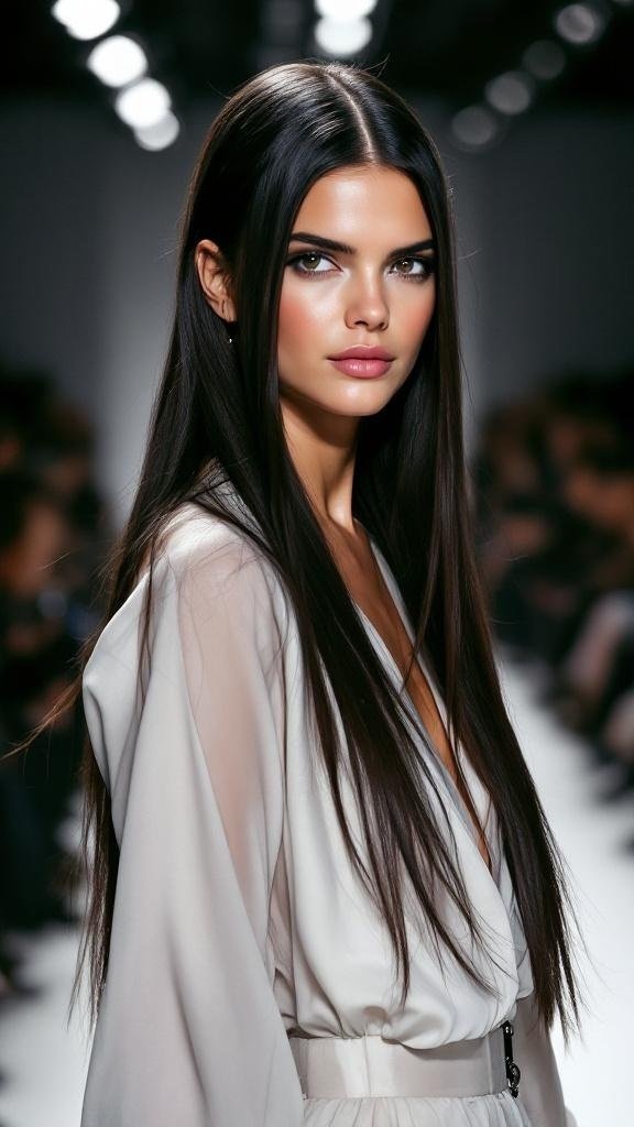 Kendall Jenner with long, sleek hair and a center part, wearing a stylish outfit on a runway.