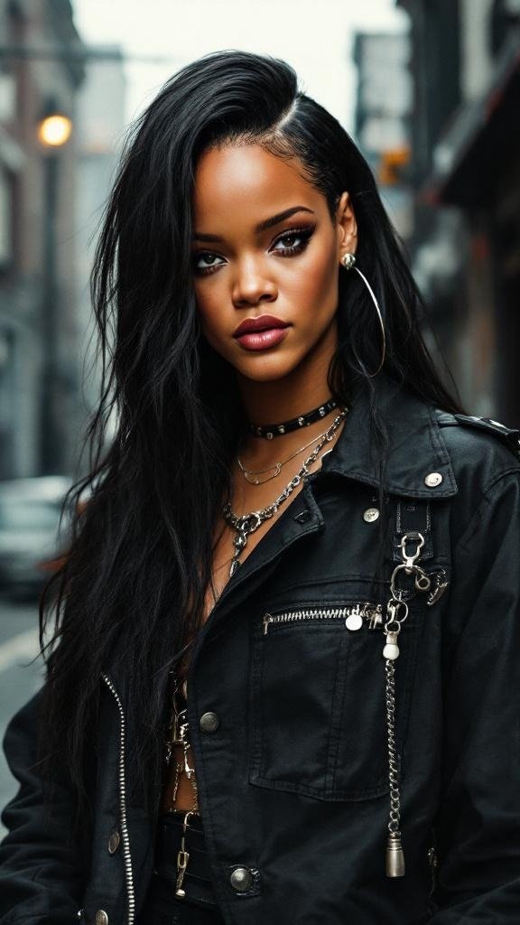 Rihanna with long hair styled in a bold side part, wearing a black jacket and accessories.