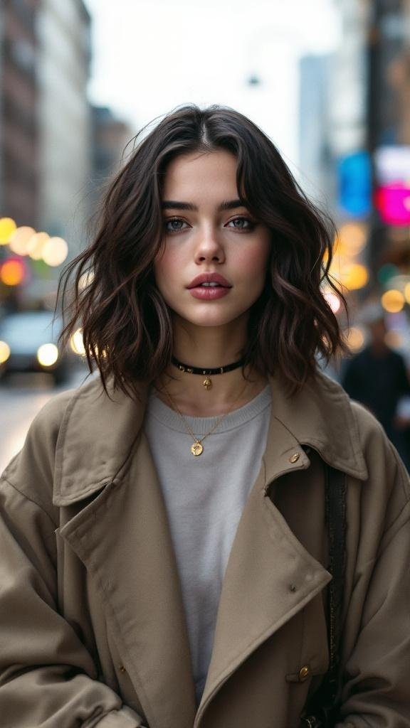 Hailee Steinfeld with a textured lob hairstyle, wearing a beige coat and layered necklaces.