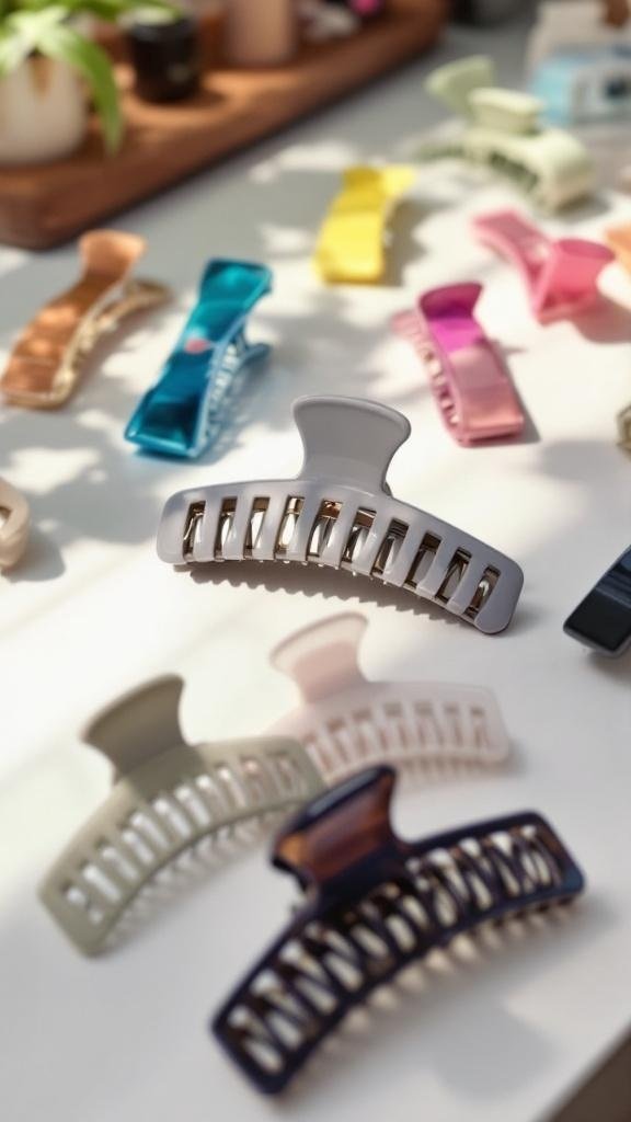 Various functional hair clips in different colors and styles on a table.