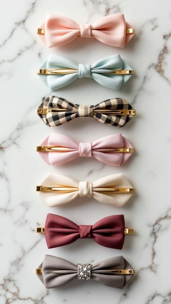 A collection of classic barrettes in different colors and patterns arranged neatly.