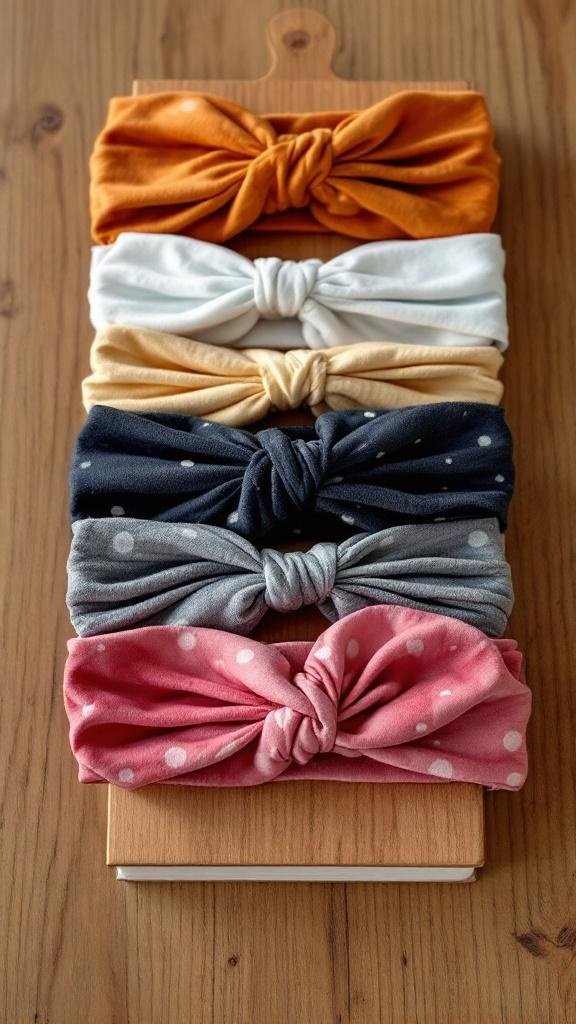 A collection of colorful headbands in various designs, including orange, white, beige, navy, gray, and pink with polka dots.