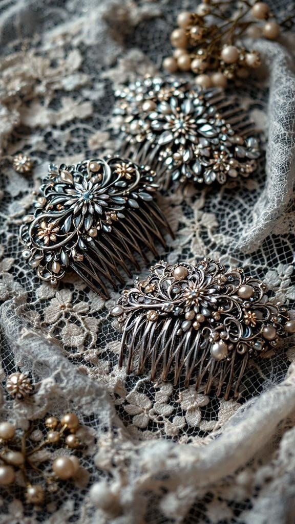 Three decorative hair combs on lace fabric, showcasing intricate designs and embellishments.