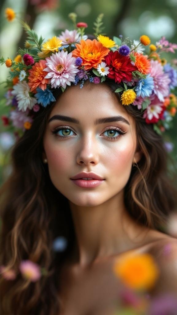 A woman wearing a colorful floral crown, surrounded by flowers.