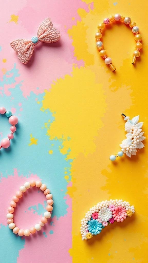 Colorful beaded hair accessories on a vibrant background