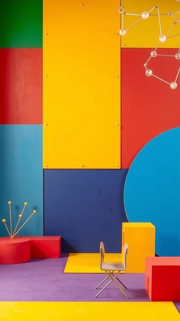 A colorful interior featuring bold primary colors in red, yellow, blue, and green.