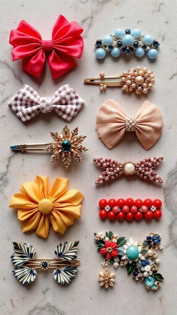A variety of colorful and decorative hairpins arranged on a light surface.
