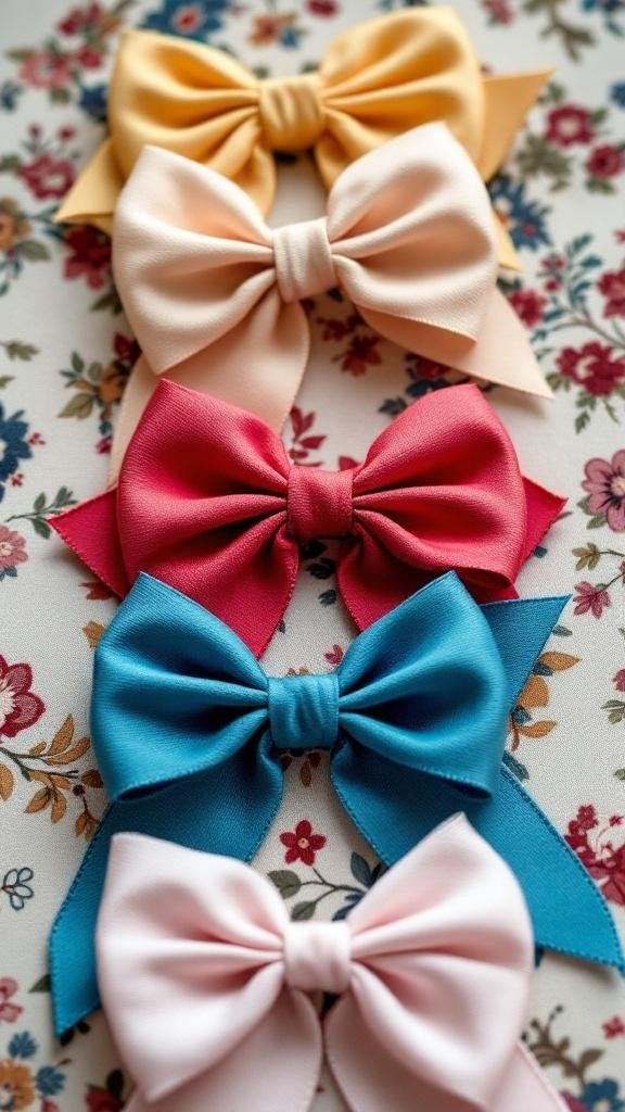 Colorful retro hair ribbons in various shades arranged on a floral background.