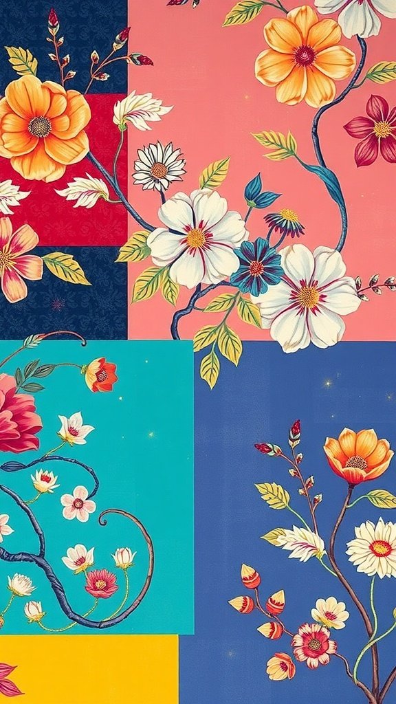 Color block wallpaper featuring vibrant floral designs on various backgrounds.
