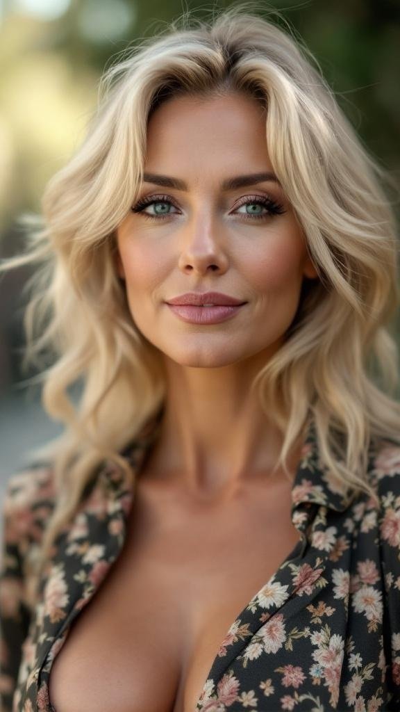 A woman with soft ash blonde hair, wearing a floral shirt, smiling softly.