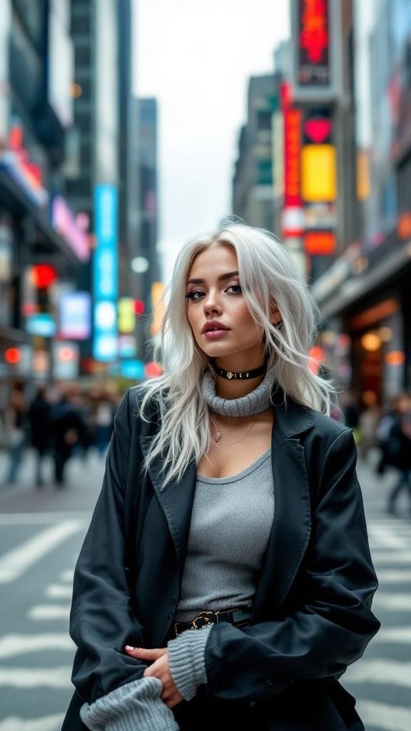 A stylish woman with platinum blonde hair in an urban setting.