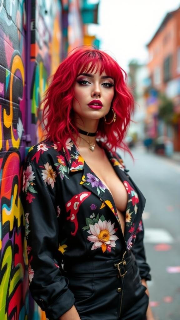 A woman with vibrant red hair standing against a colorful graffiti wall.