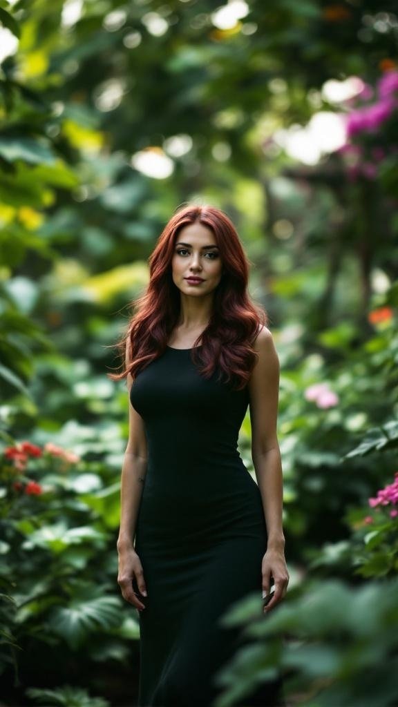 A woman with deep burgundy hair standing in a lush green garden.