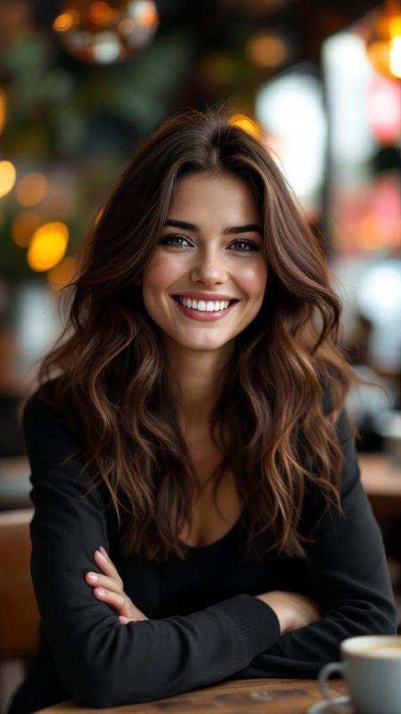 A woman with rich chocolate brown hair smiling in a cozy cafe setting.
