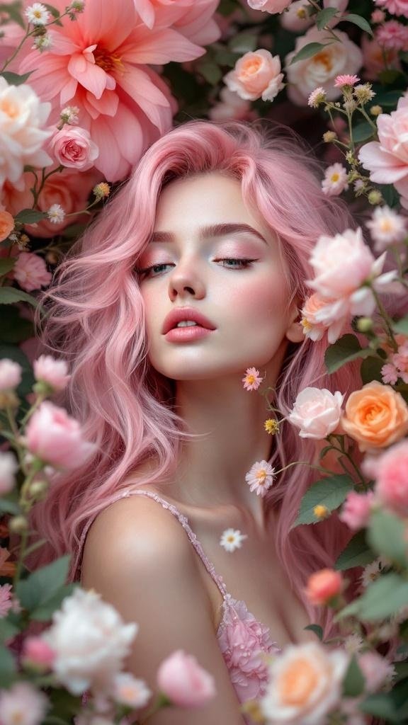 A woman with soft pastel pink hair surrounded by flowers.