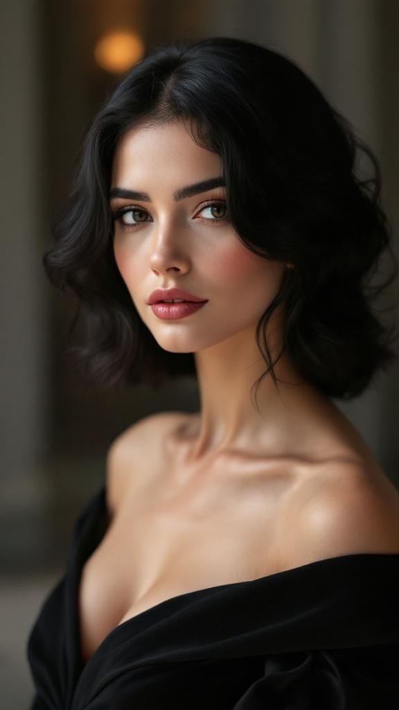 A woman with jet black hair styled elegantly, showcasing timeless beauty.