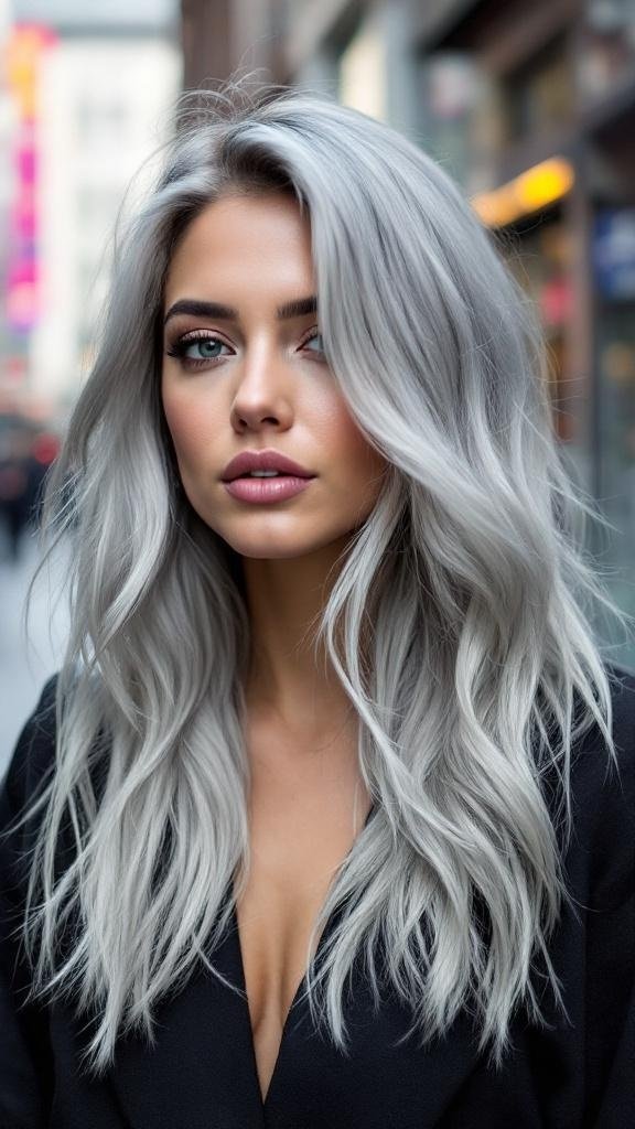 A woman with long silver ombre hair, showcasing a modern hairstyle.