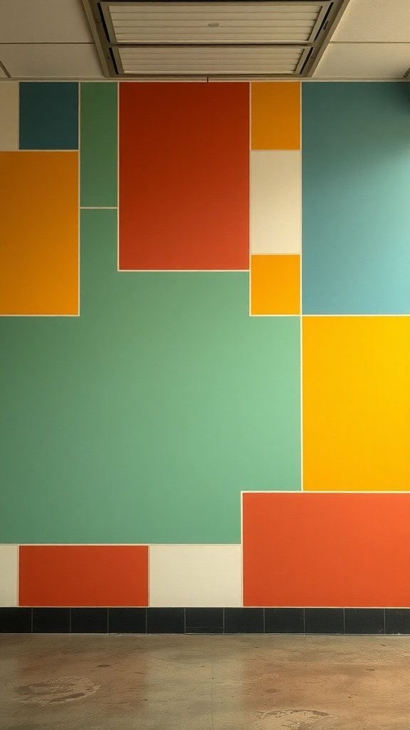 A wall featuring a retro color block design with various shapes in orange, teal, red, and yellow.