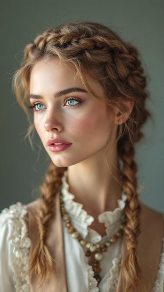 A woman with a twisted crown braid hairstyle, showcasing two braids wrapped around her head.