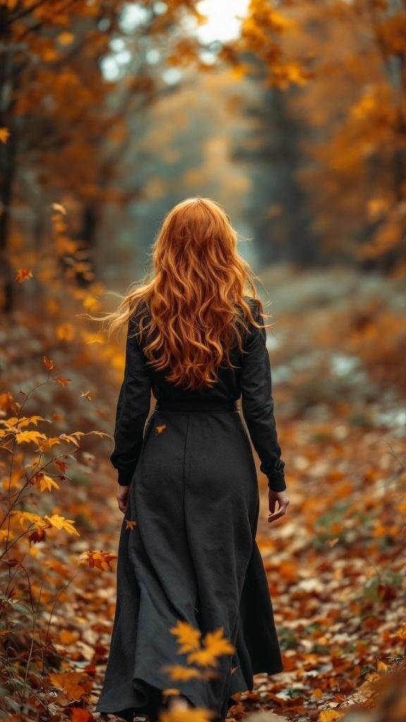 A woman with long golden copper hair walking through an autumn forest.