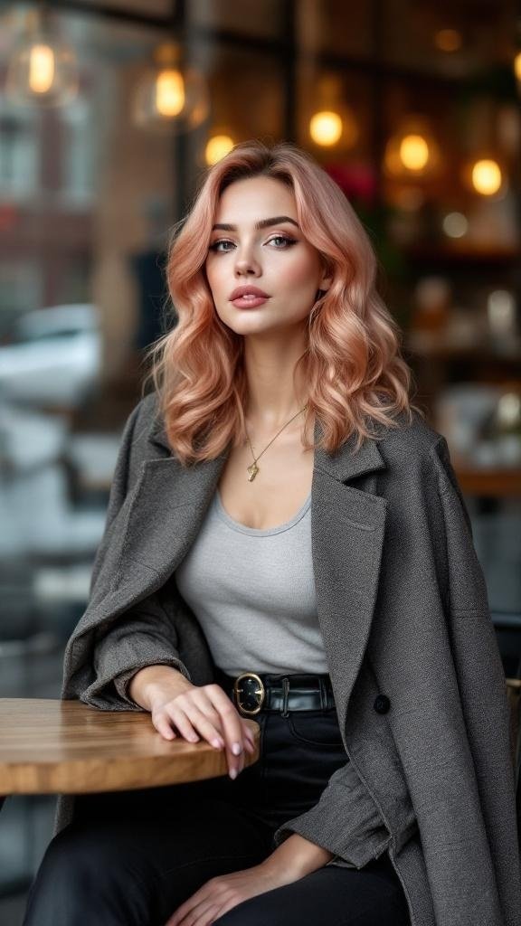 A woman with rose gold hair, wearing a gray coat, sitting at a table in a cafe.