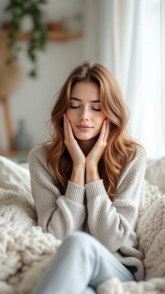 A woman with chestnut brown hair, looking serene and natural.