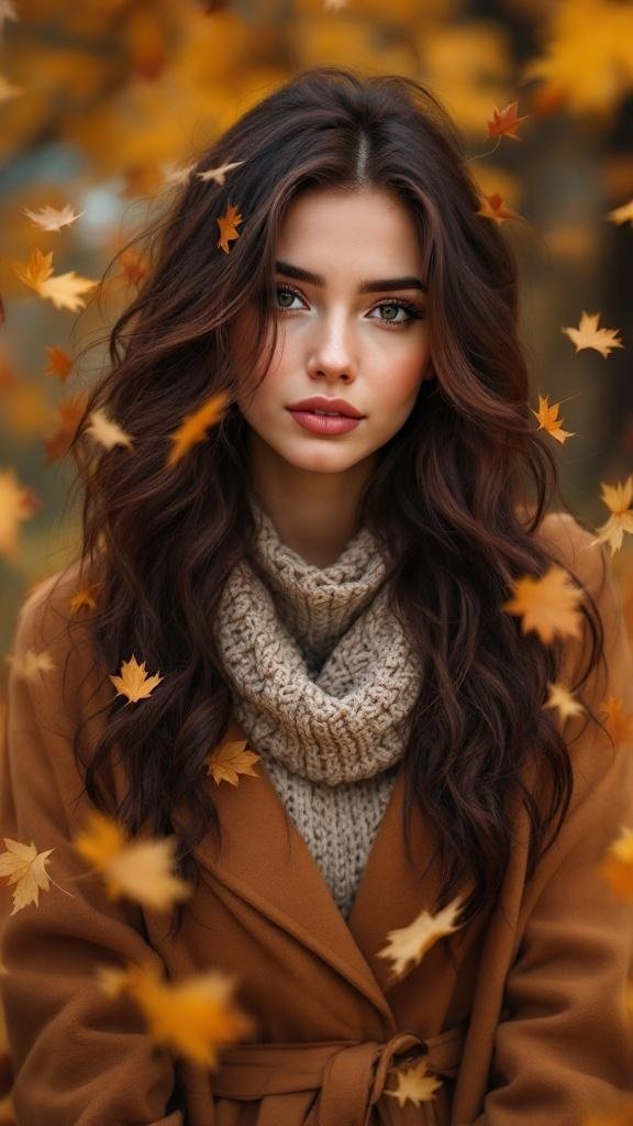 A woman with dark mahogany hair surrounded by autumn leaves, wearing a cozy sweater and coat.