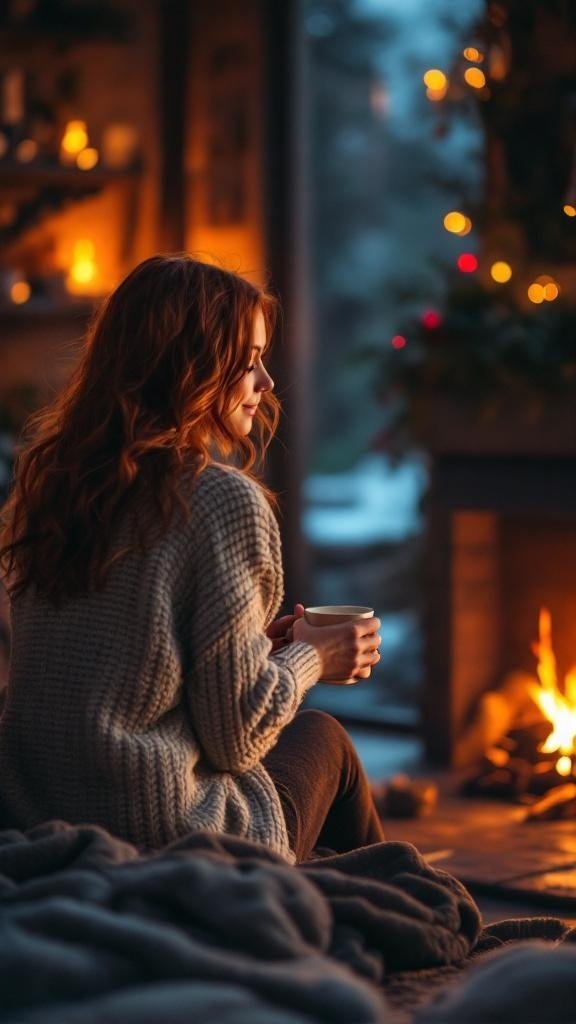 A woman with warm auburn hair sitting by a cozy fire, enjoying a cup of tea.
